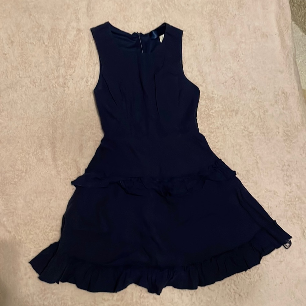 Dark Indigo Linen Fitted Drop-Waist Flounced Sleeveless Mini Dress Size Small